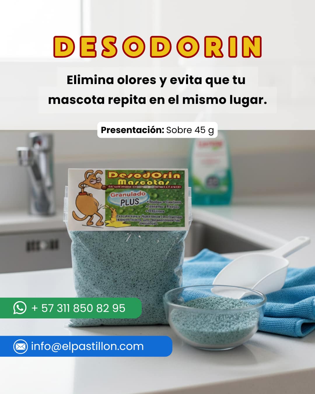 DESODORIN - Elimina olores y evita que tu mascota repita en el mismo lugar. Desodorin granulado para eliminar olores de mascotas y evitar que perros o gatos orinen en el mismo lugar en Bogotá.