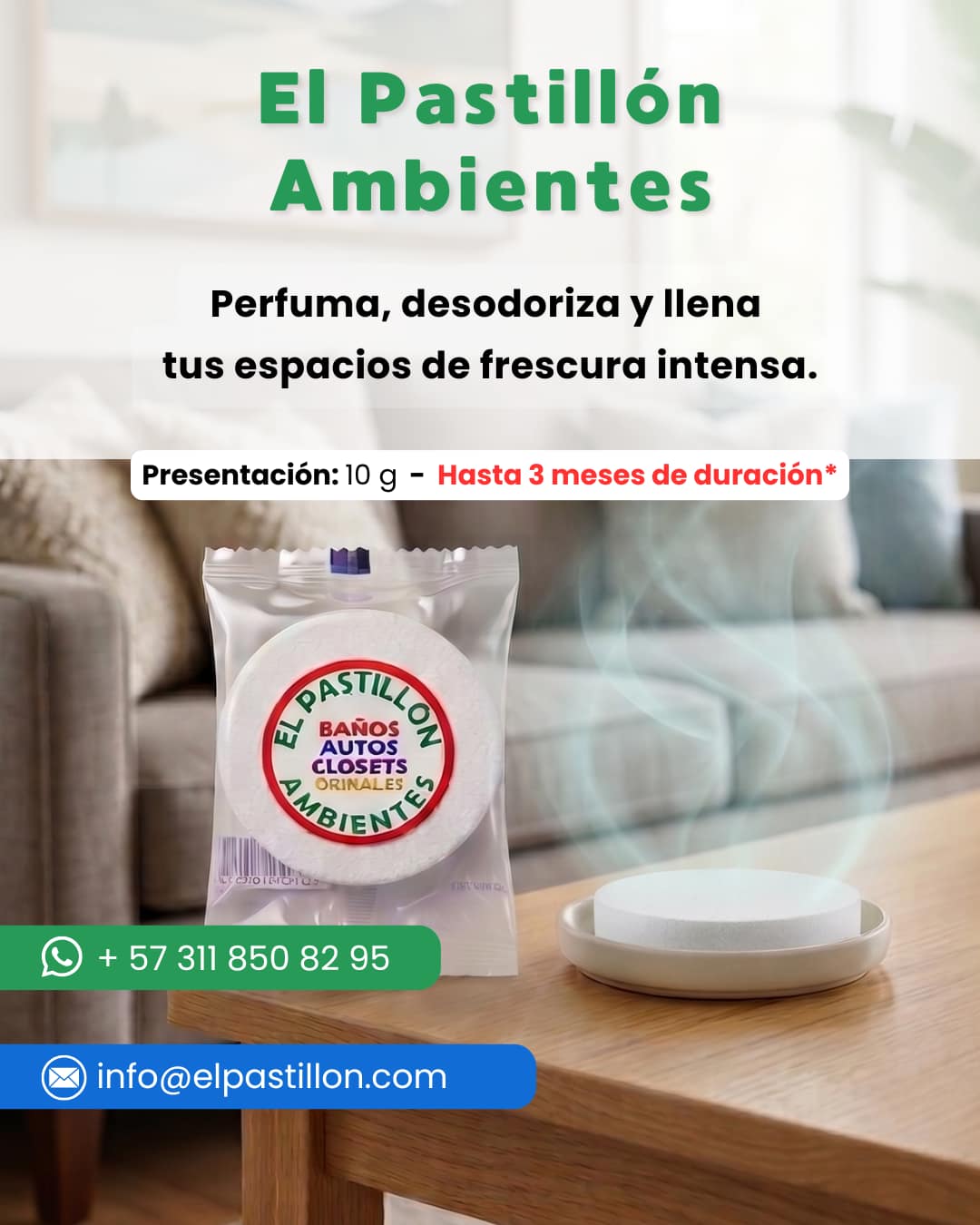 El Pastillón Ambientes - Perfuma, desodoriza y llena tus espacios de frescura intensa. (1) Pastilla aromatizante El Pastillón Ambientes para perfumar y desodorizar baños, autos y closets en Bogotá.