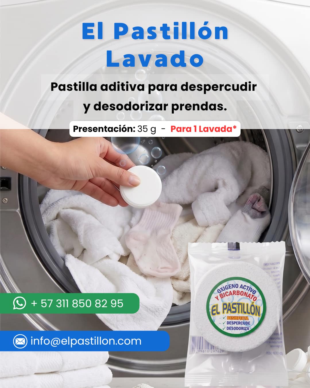 El Pastillón Lavado - Pastilla aditiva para despercudir y desodorizar prendas. Pastilla aditiva El Pastillón Lavado para despercudir, desodorizar y desinfectar prendas en Bogotá.