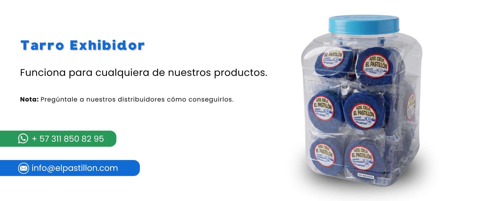 Tarro exhibidor de pastillas sanitarias El Pastillón para puntos de venta y distribuidores en Bogotá.